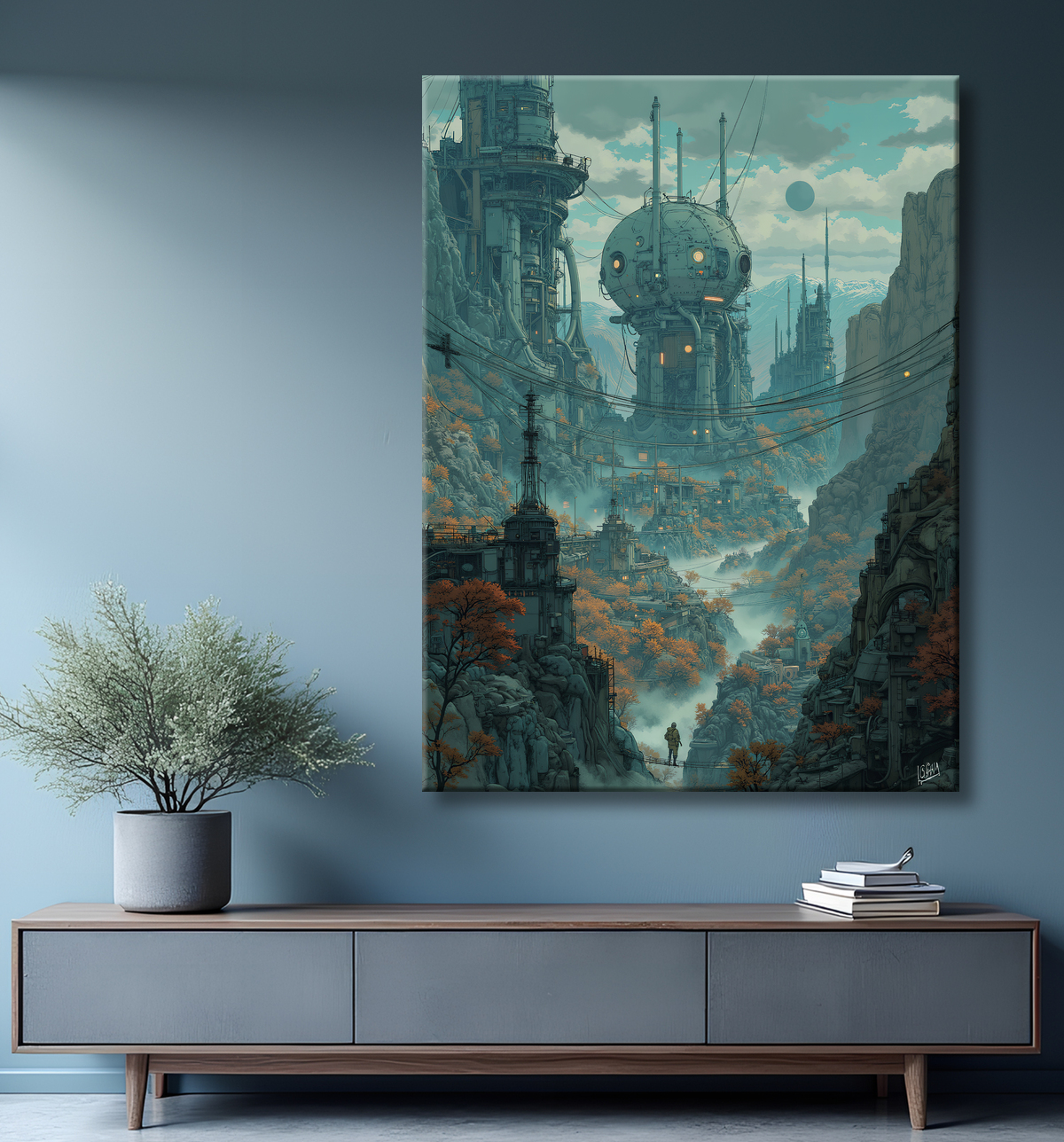 Paysage futuriste sombre et organique avec decor
