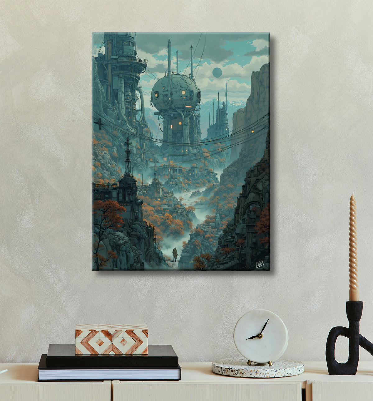 Tableau représentant un paysage sombre et menaçant, dominé par des structures futuristes aux formes organiques. Une scène de science-fiction aux accents post-apocalyptiques.