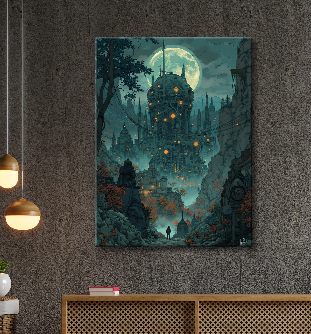 Paysage futuriste sombre et organique avec decor