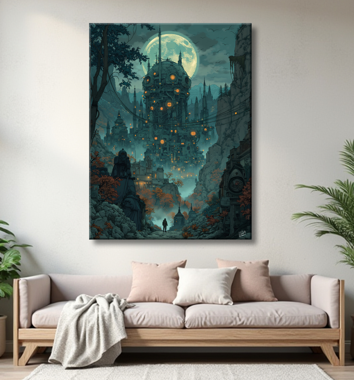 Tableau représentant un paysage sombre et menaçant, dominé par des structures futuristes aux formes organiques. Une scène de science-fiction aux accents post-apocalyptiques.