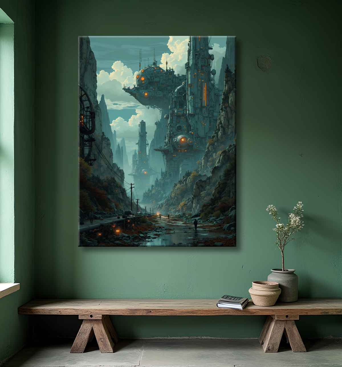 Tableau représentant un paysage sombre et menaçant, dominé par des structures futuristes aux formes organiques. Une scène de science-fiction aux accents post-apocalyptiques.