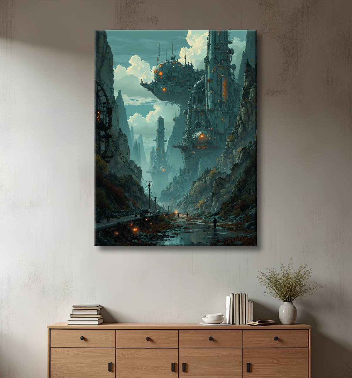 Paysage futuriste sombre et organique avec decor