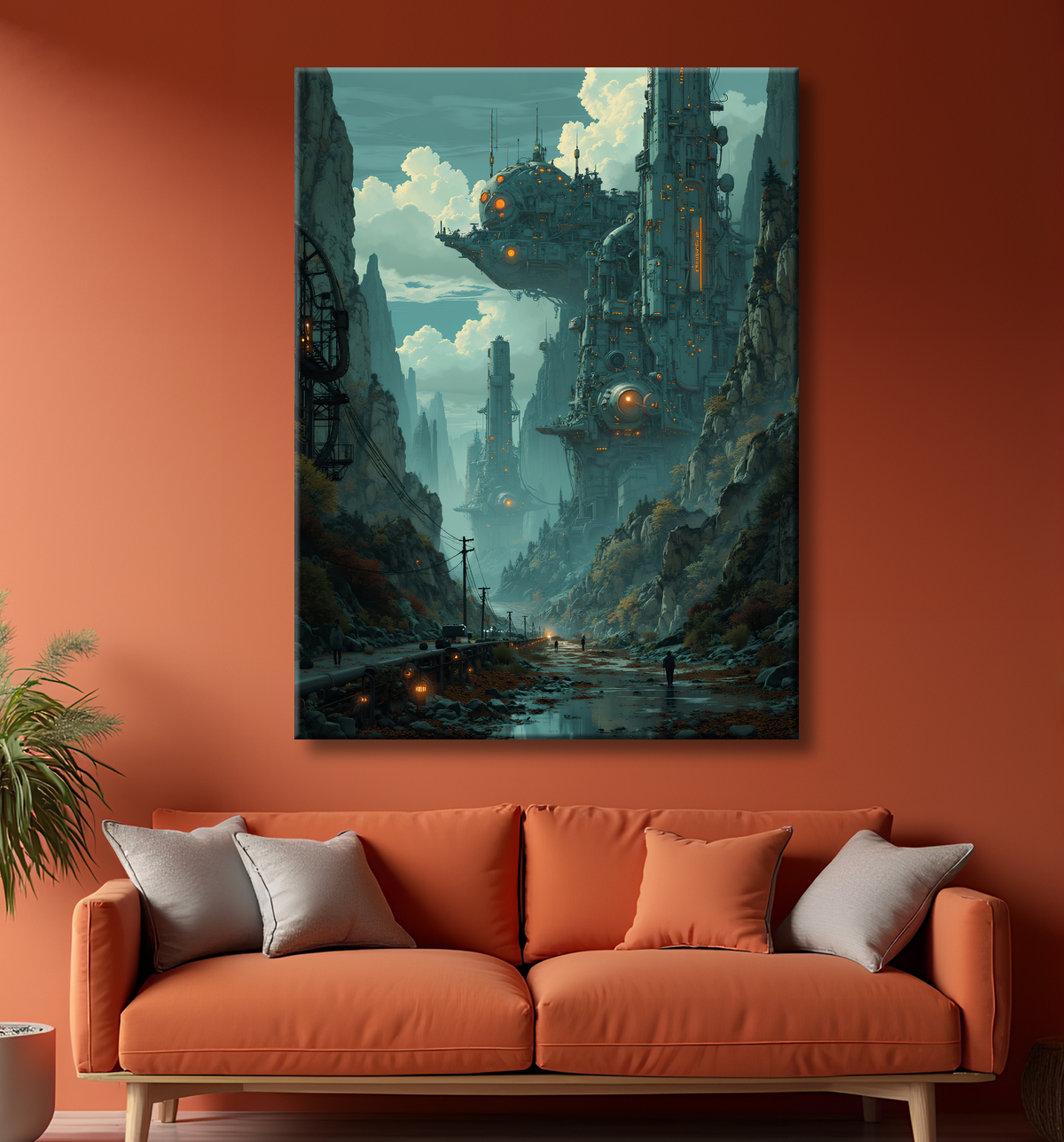 Paysage futuriste sombre et organique avec decor