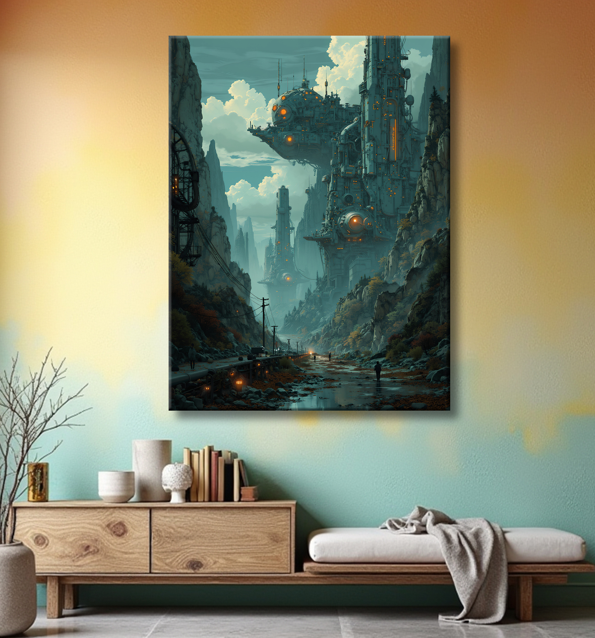Paysage futuriste sombre et organique avec decor