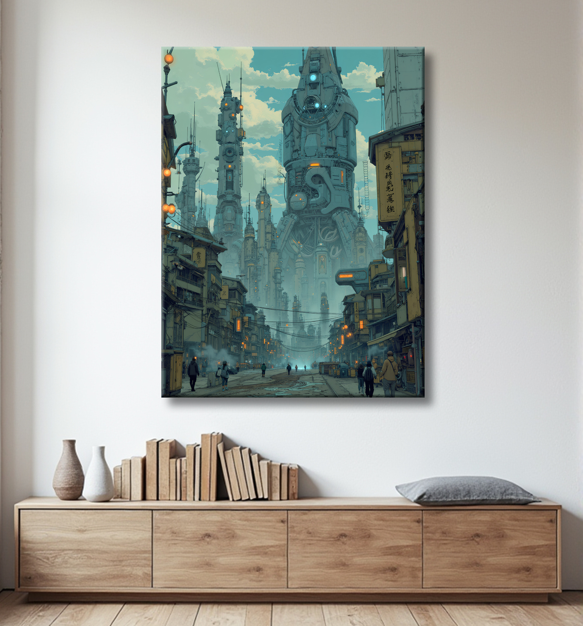 Tableau représentant un paysage sombre et menaçant, dominé par des structures futuristes aux formes organiques. Une scène de science-fiction aux accents post-apocalyptiques.