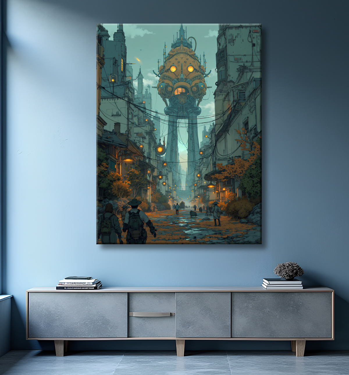 Tableau représentant un paysage sombre et menaçant, dominé par des structures futuristes aux formes organiques. Une scène de science-fiction aux accents post-apocalyptiques.