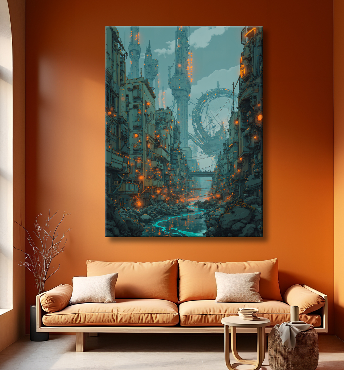 Paysage futuriste sombre et organique avec decor