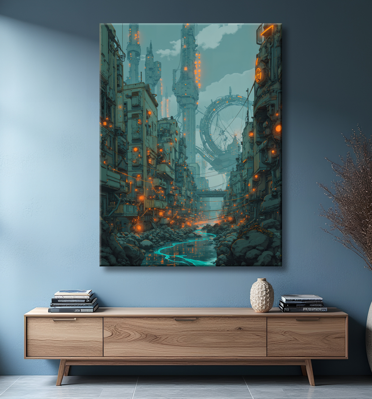 Paysage futuriste sombre et organique avec decor