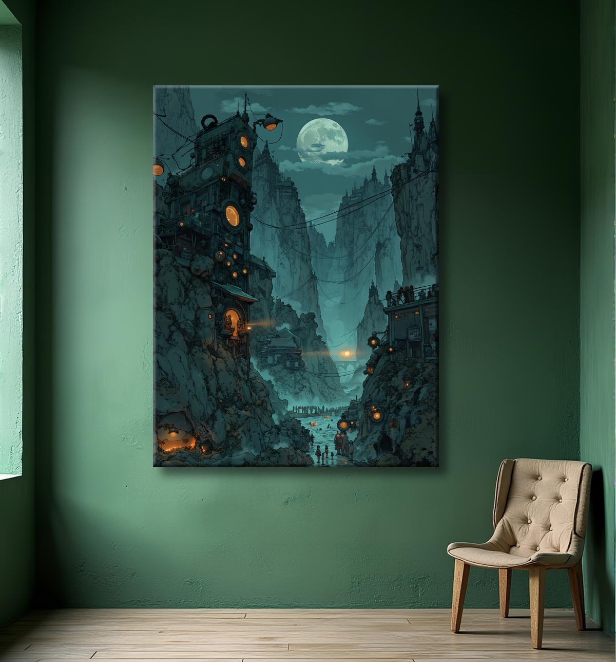 Paysage futuriste sombre et organique avec decor