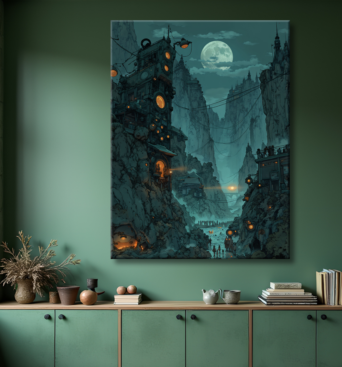 Paysage futuriste sombre et organique avec decor