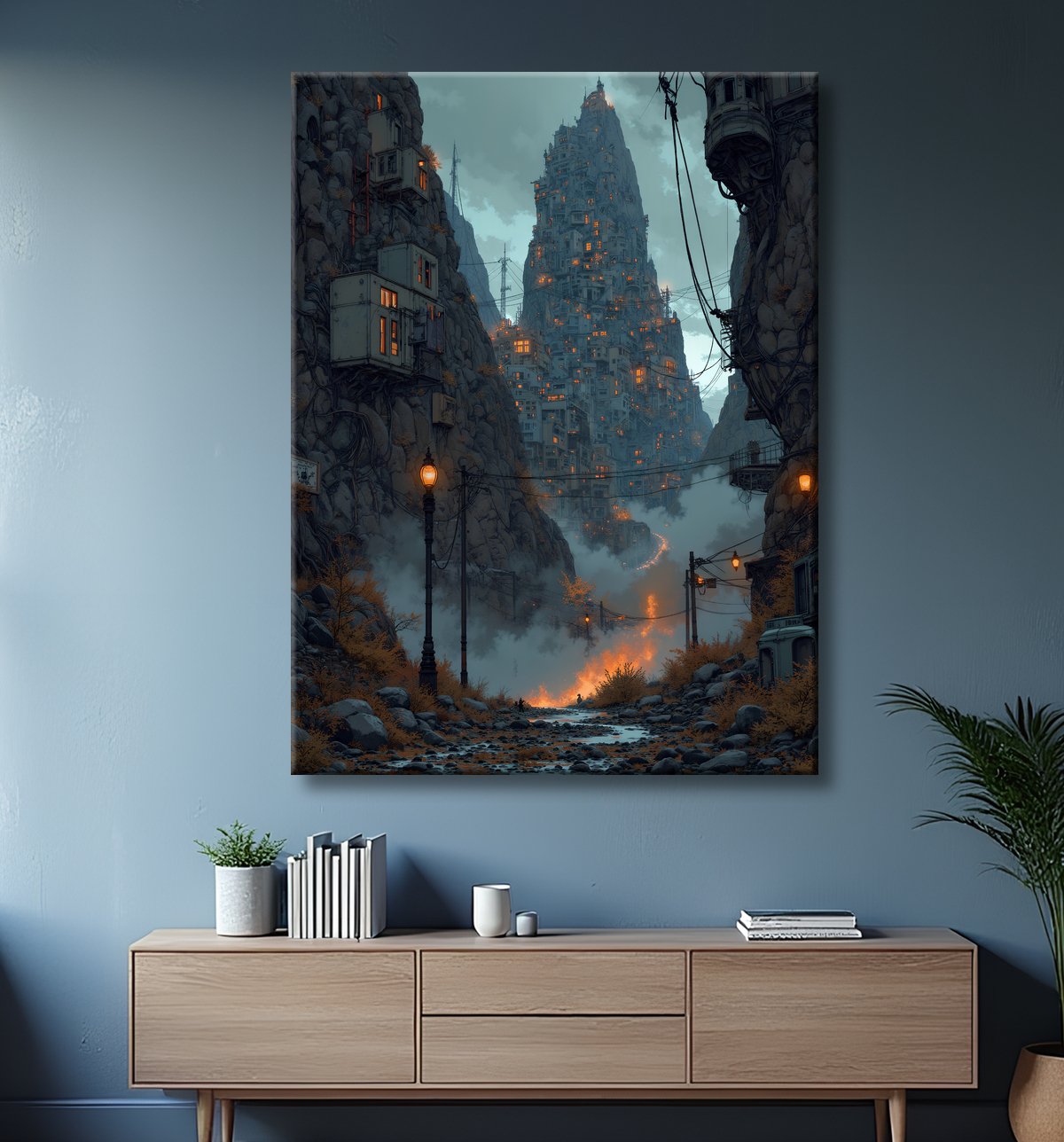 Paysage futuriste sombre et organique avec decor