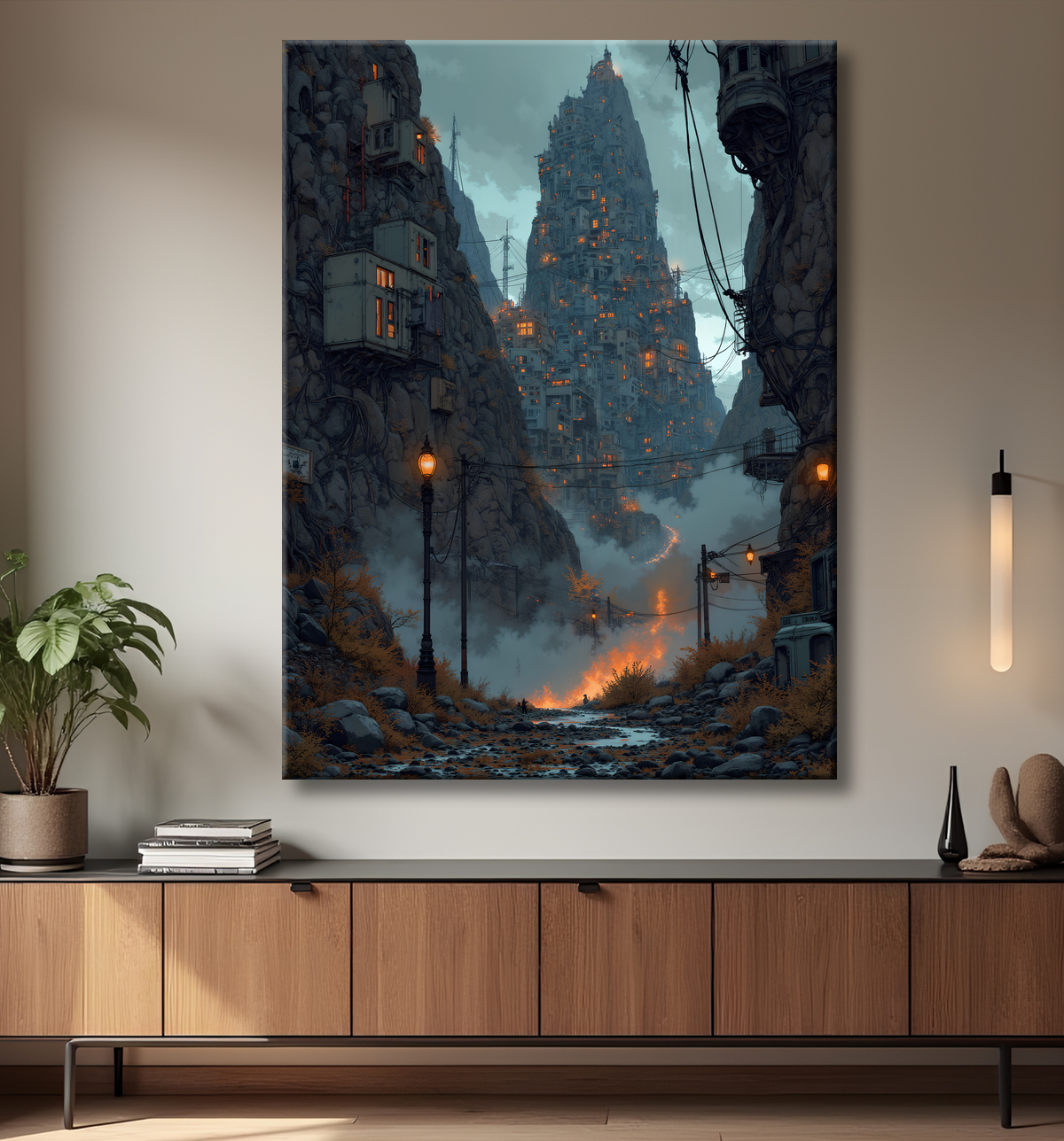 Paysage futuriste sombre et organique avec decor