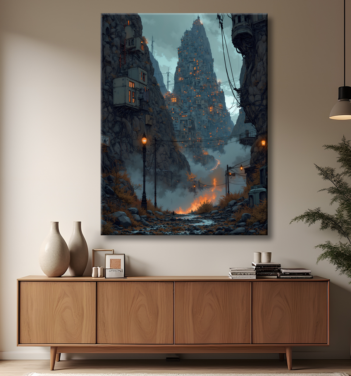 Paysage futuriste sombre et organique avec decor