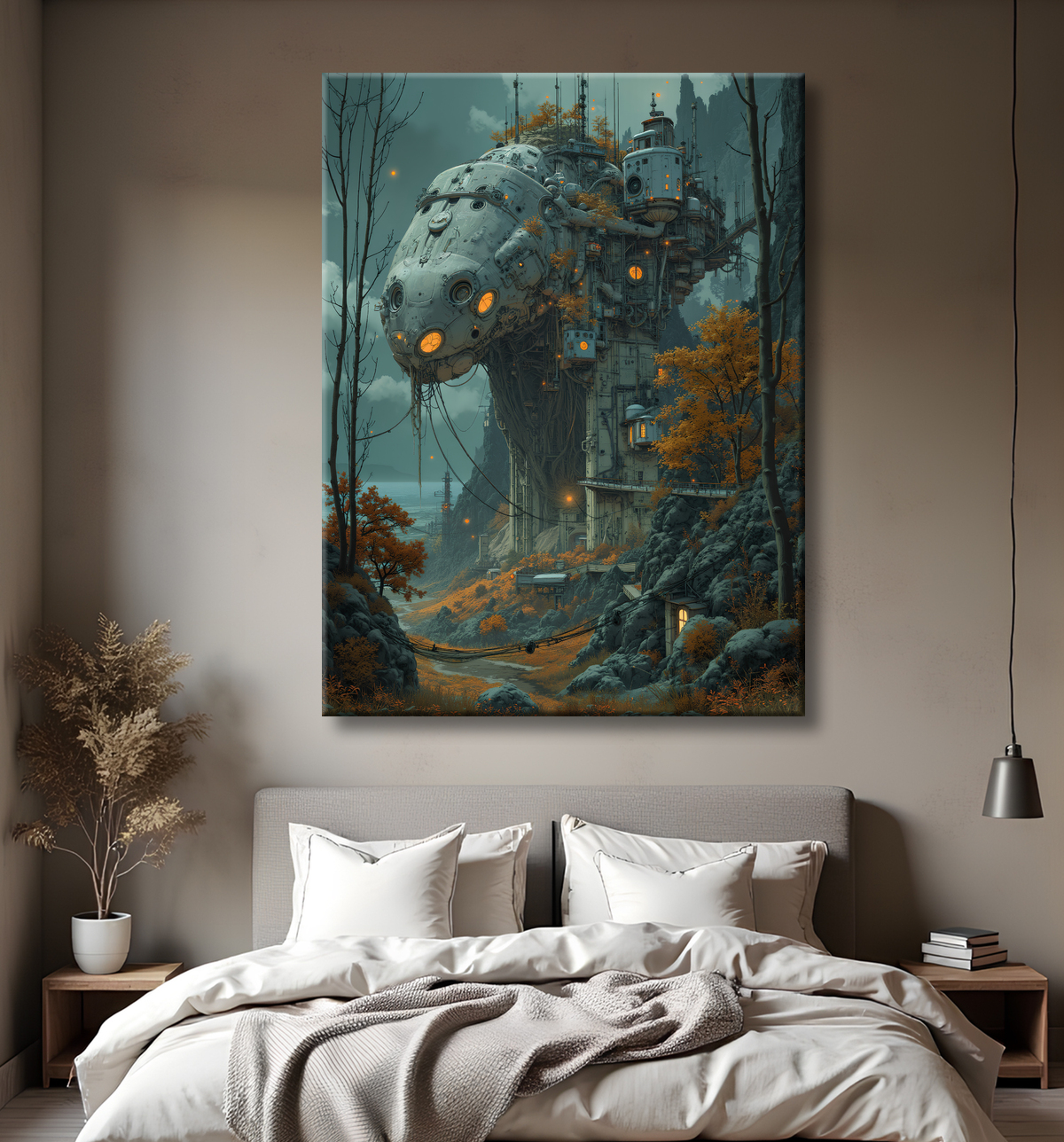 Paysage futuriste sombre et organique avec decor
