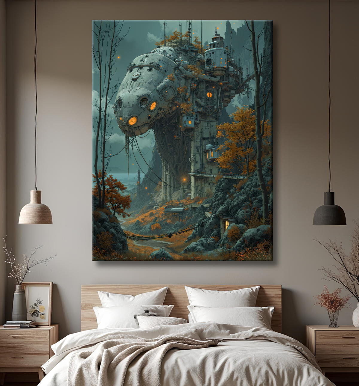 Tableau représentant un paysage sombre et menaçant, dominé par des structures futuristes aux formes organiques. Une scène de science-fiction aux accents post-apocalyptiques.