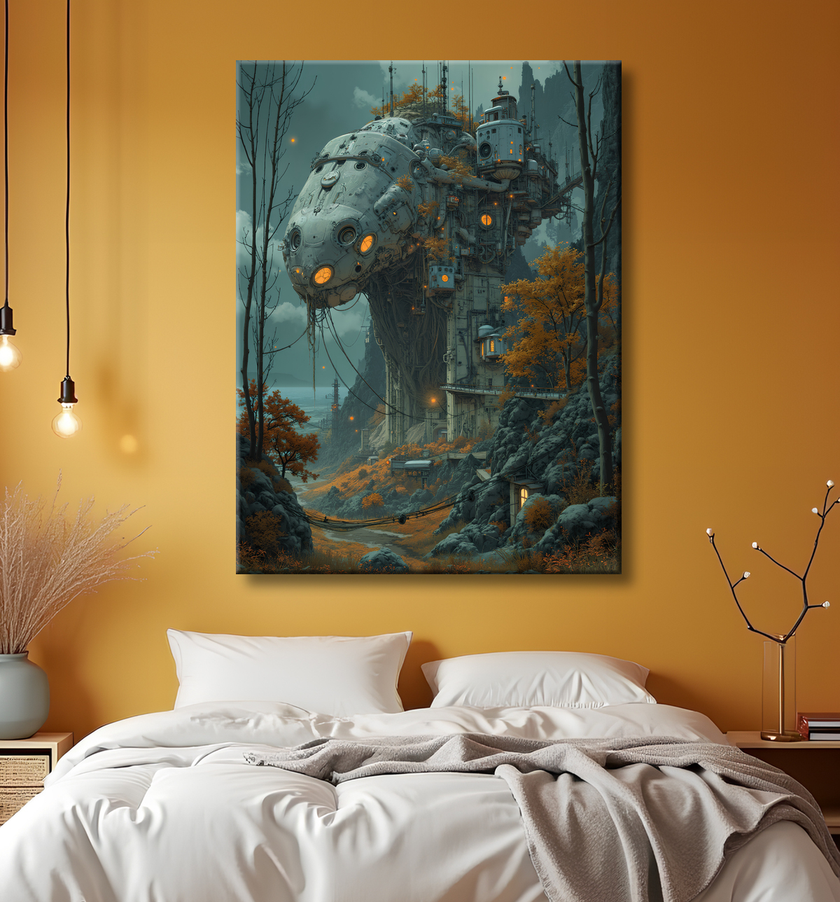 Paysage futuriste sombre et organique avec decor
