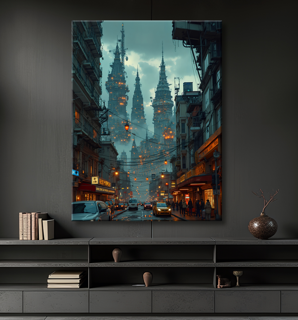 Tableau représentant une cité futuriste spectaculaire aux architectures imposantes, réalisé dans un style graphique original combinant influences BD et IA. Nombreuses variantes disponibles.