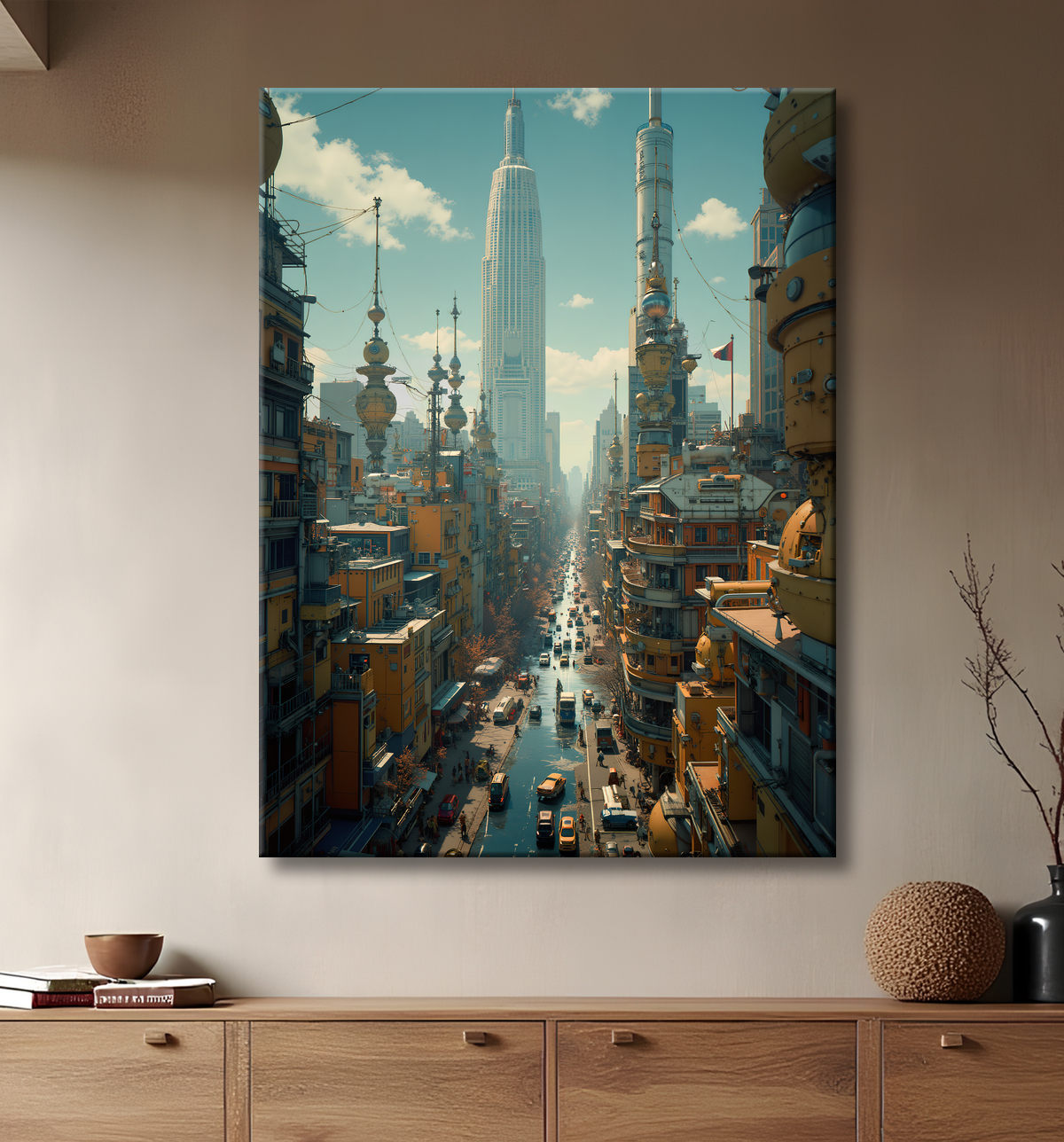 Tableau représentant une cité futuriste spectaculaire aux architectures imposantes, réalisé dans un style graphique original combinant influences BD et IA. Nombreuses variantes disponibles.