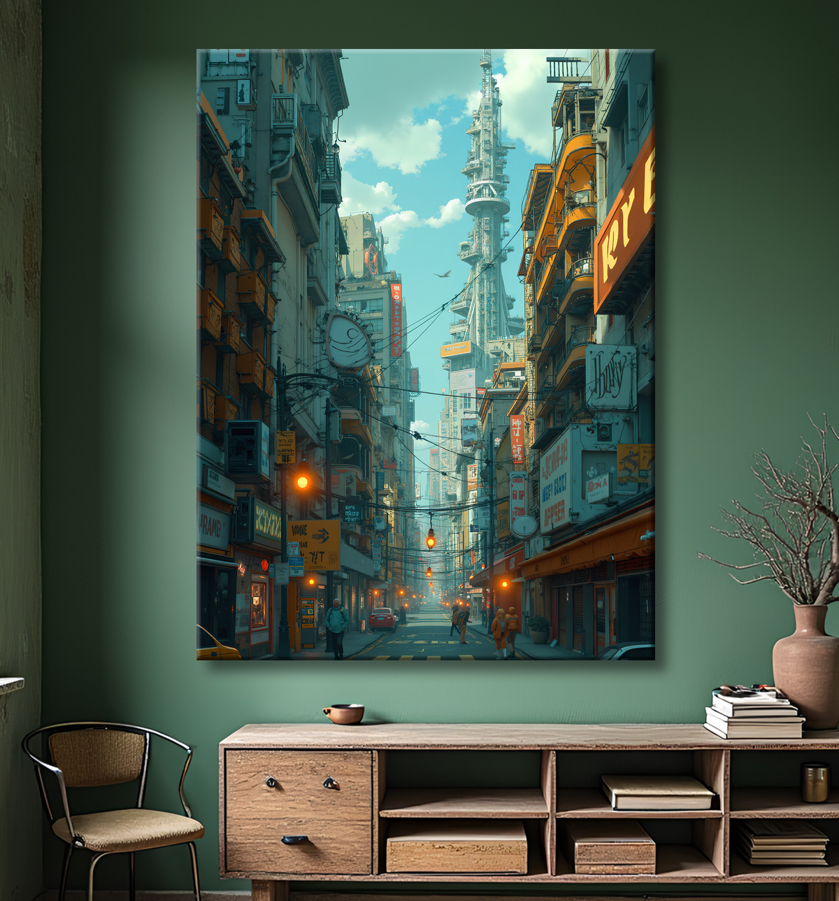 Tableau représentant une cité futuriste spectaculaire aux architectures imposantes, réalisé dans un style graphique original combinant influences BD et IA. Nombreuses variantes disponibles.