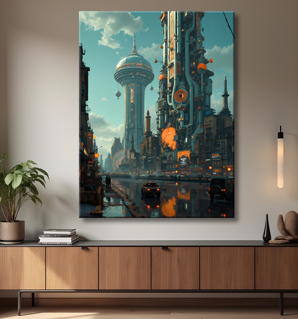 Tableau représentant une cité futuriste spectaculaire aux architectures imposantes, réalisé dans un style graphique original combinant influences BD et IA. Nombreuses variantes disponibles.