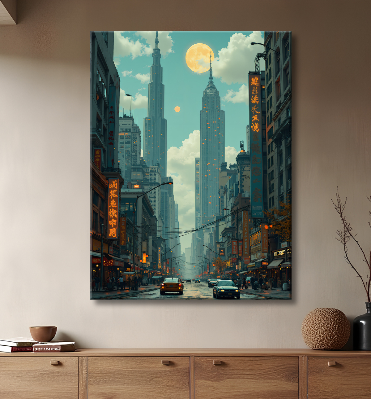 Tableau représentant une cité futuriste spectaculaire aux architectures imposantes, réalisé dans un style graphique original combinant influences BD et IA. Nombreuses variantes disponibles.