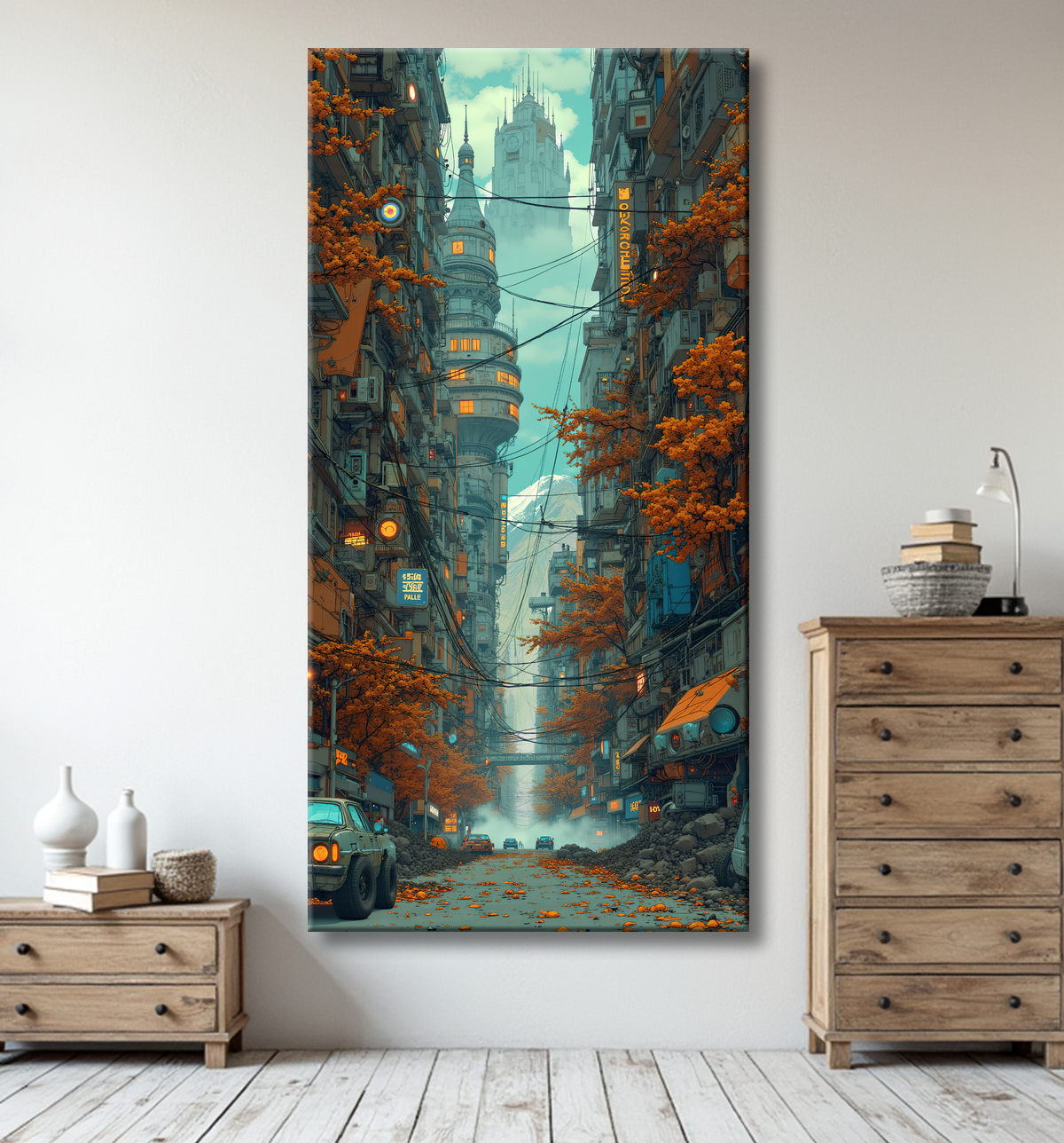 Tableau représentant une cité futuriste spectaculaire aux architectures imposantes, réalisé dans un style graphique original combinant influences BD et IA. Nombreuses variantes disponibles.