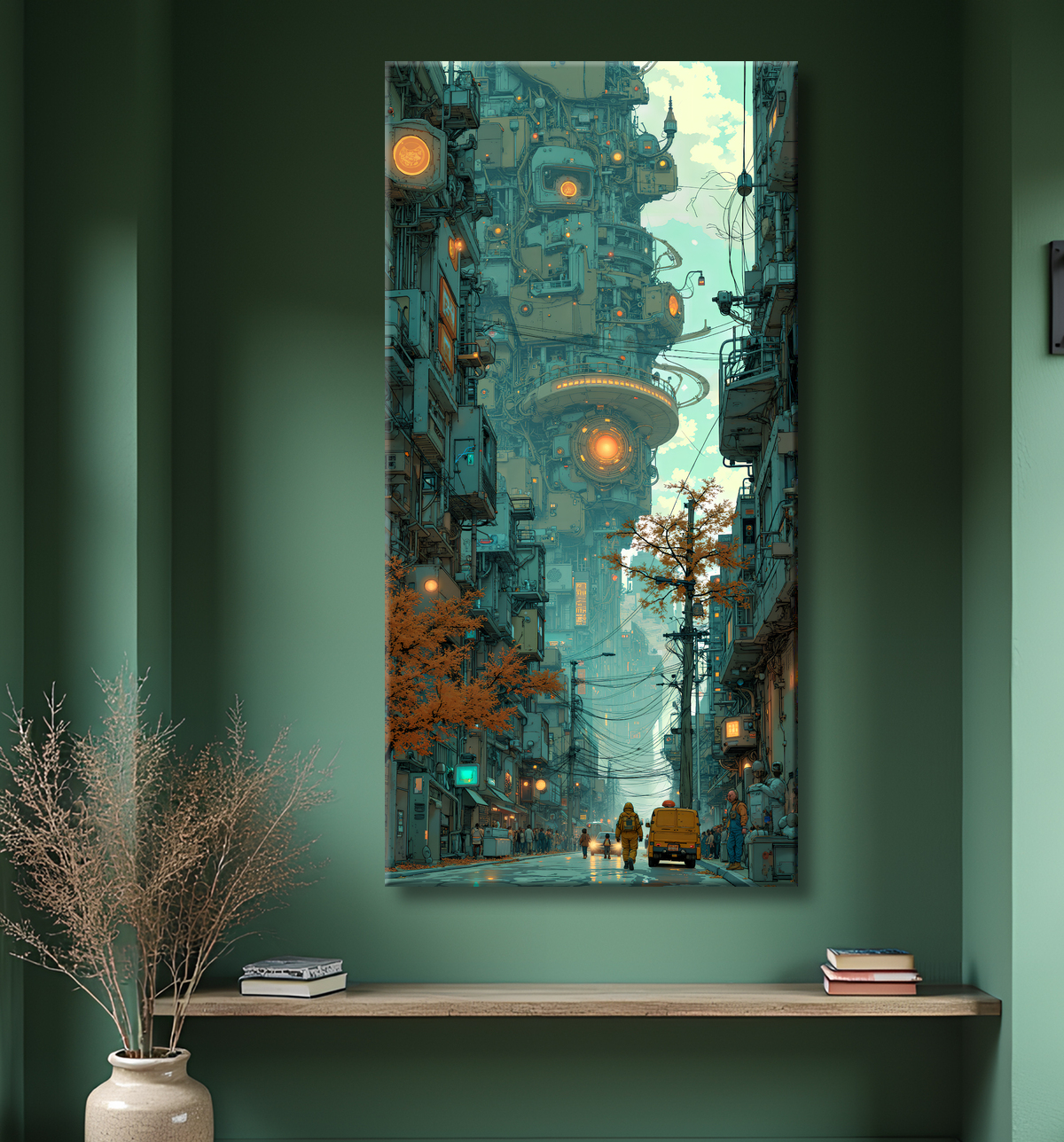 Tableau représentant une cité futuriste spectaculaire aux architectures imposantes, réalisé dans un style graphique original combinant influences BD et IA. Nombreuses variantes disponibles.