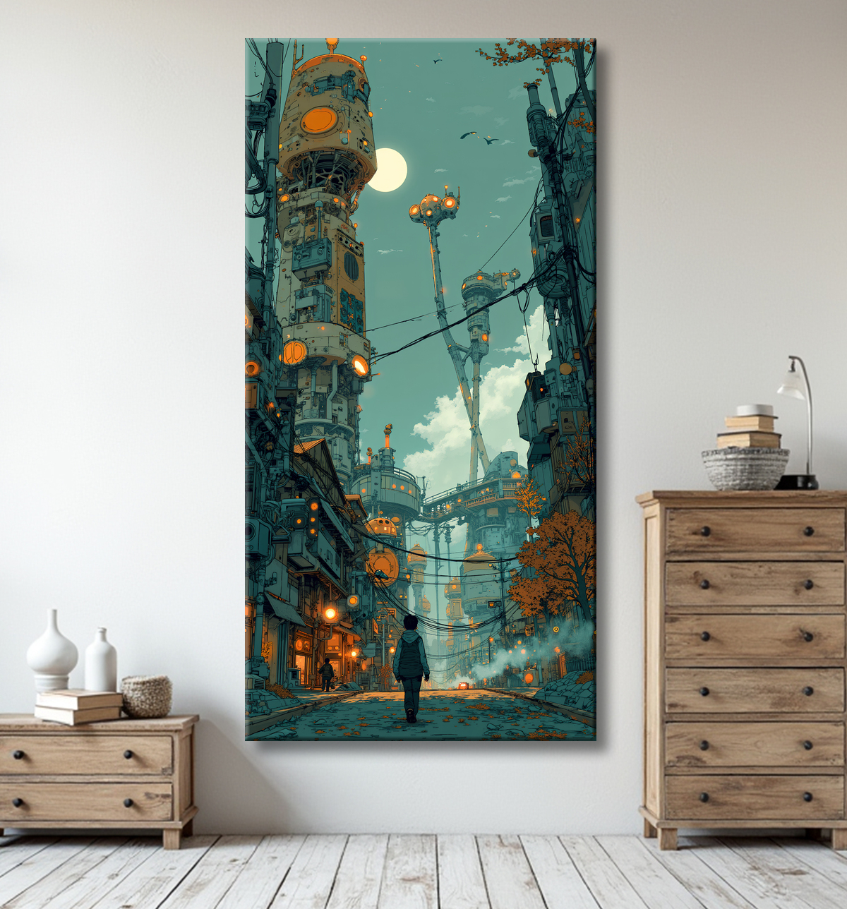 Tableau représentant une cité futuriste spectaculaire aux architectures imposantes, réalisé dans un style graphique original combinant influences BD et IA. Nombreuses variantes disponibles.