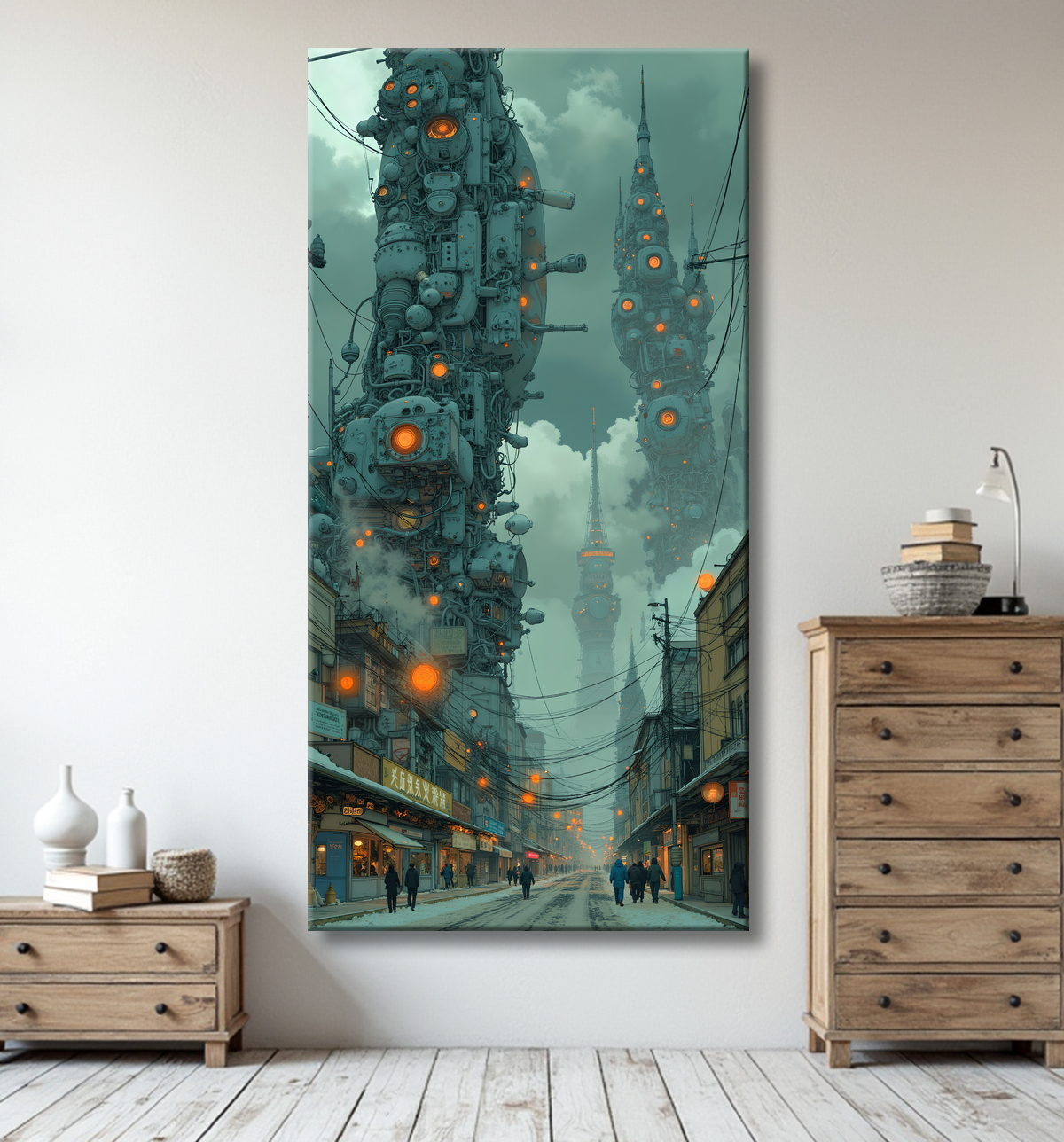 Tableau représentant une cité futuriste spectaculaire aux architectures imposantes, réalisé dans un style graphique original combinant influences BD et IA. Nombreuses variantes disponibles.