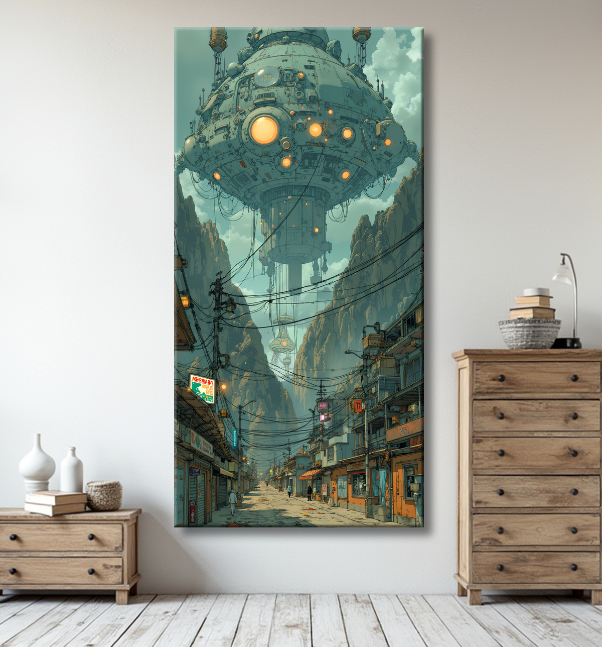 Tableau représentant une cité futuriste spectaculaire aux architectures imposantes, réalisé dans un style graphique original combinant influences BD et IA. Nombreuses variantes disponibles.