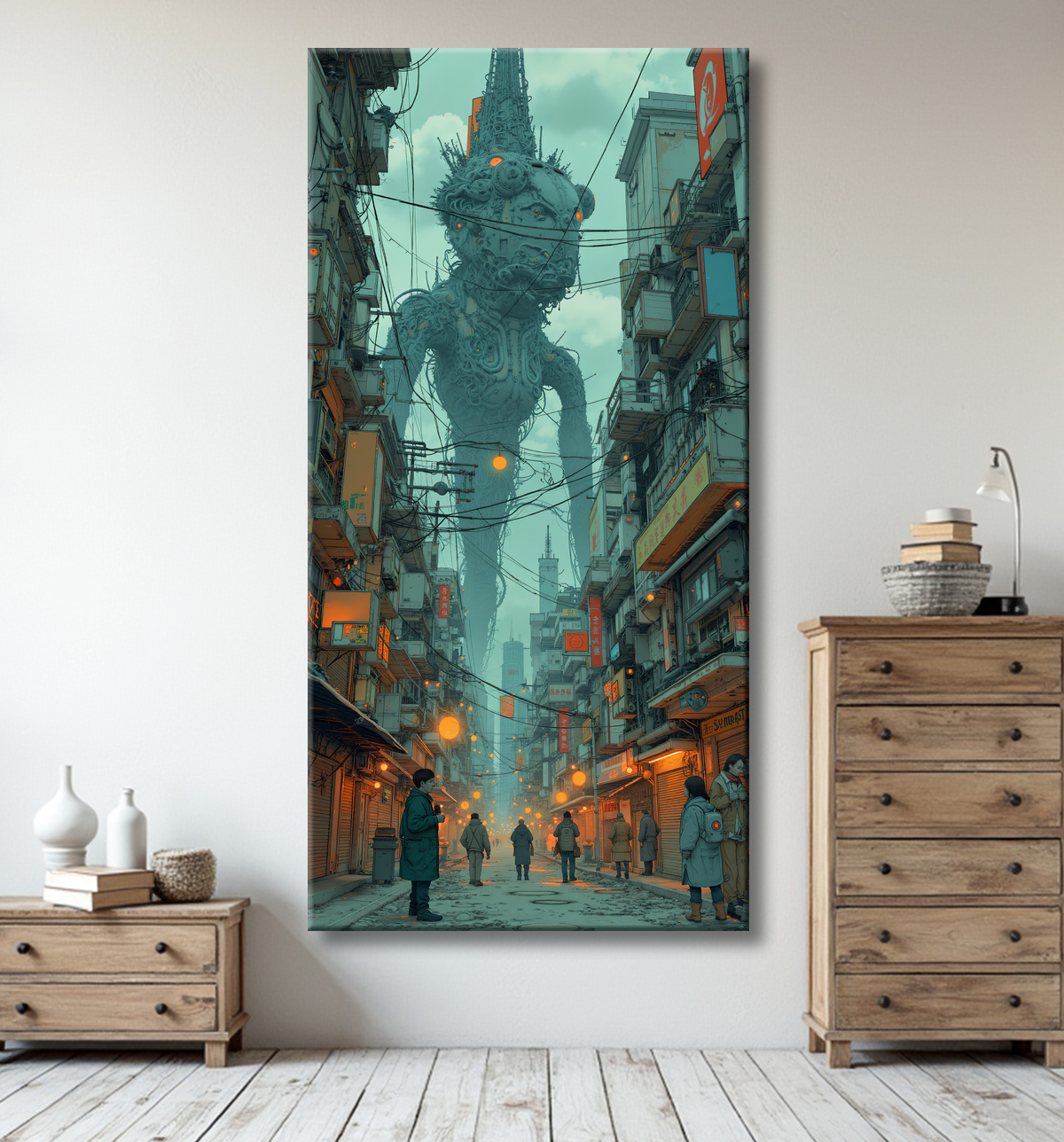 Tableau représentant une cité futuriste spectaculaire aux architectures imposantes, réalisé dans un style graphique original combinant influences BD et IA. Nombreuses variantes disponibles.