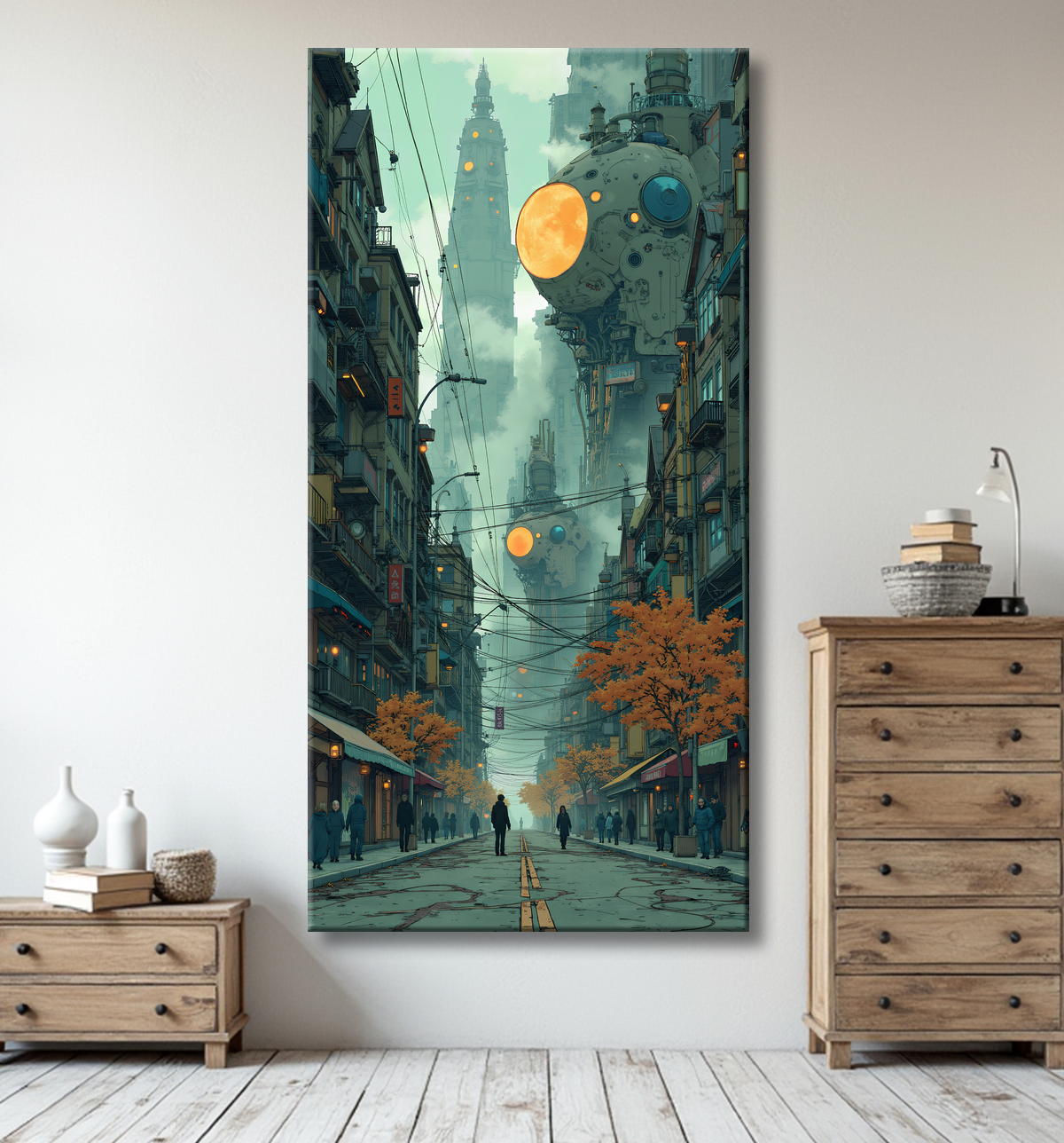 Tableau représentant une cité futuriste spectaculaire aux architectures imposantes, réalisé dans un style graphique original combinant influences BD et IA. Nombreuses variantes disponibles.