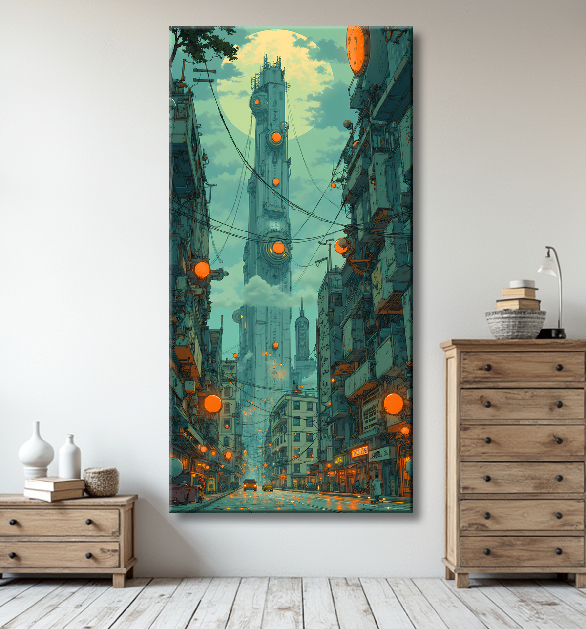 Tableau représentant une cité futuriste spectaculaire aux architectures imposantes, réalisé dans un style graphique original combinant influences BD et IA. Nombreuses variantes disponibles.