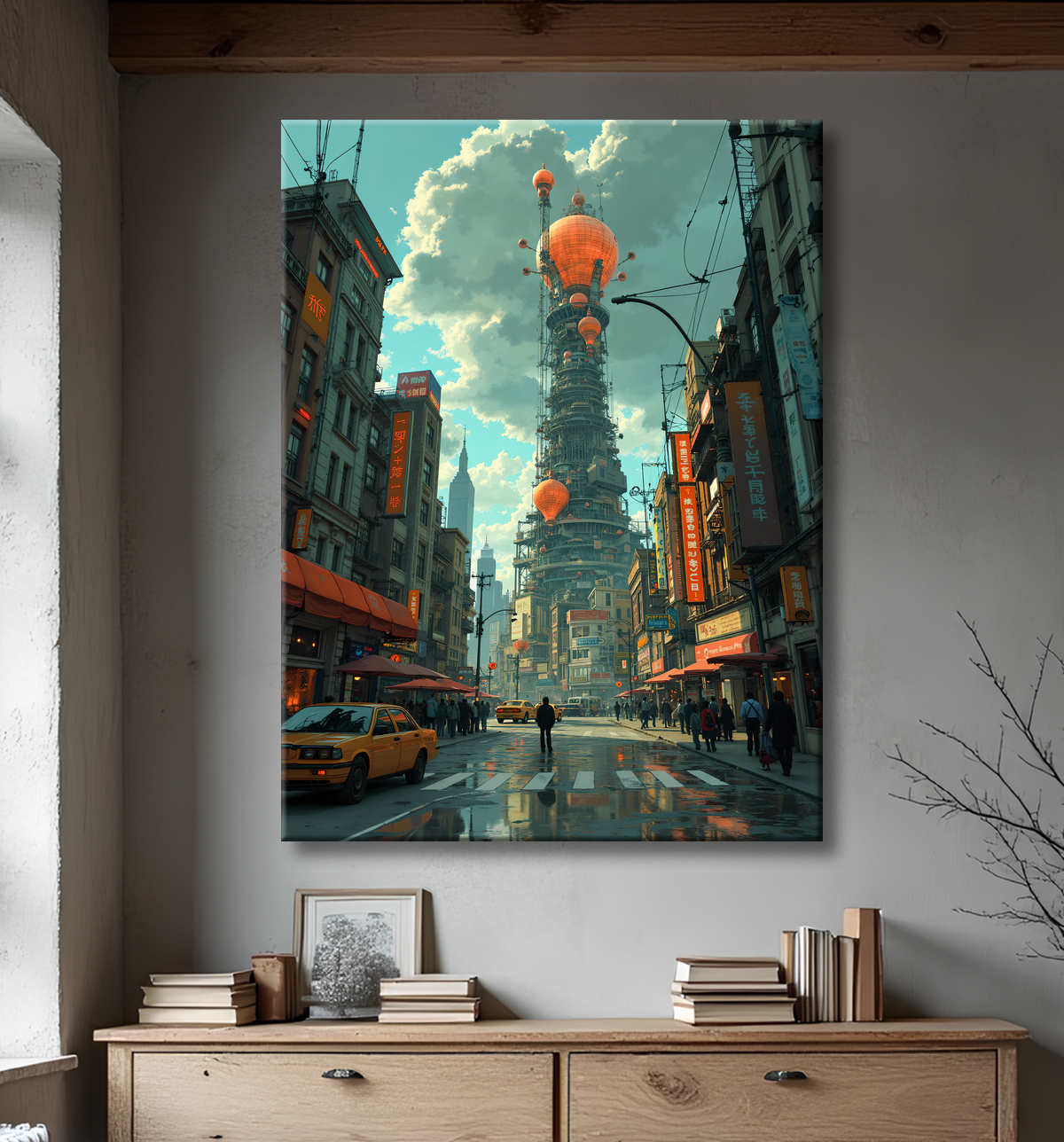 Tableau représentant une cité futuriste spectaculaire aux architectures imposantes, réalisé dans un style graphique original combinant influences BD et IA. Nombreuses variantes disponibles.