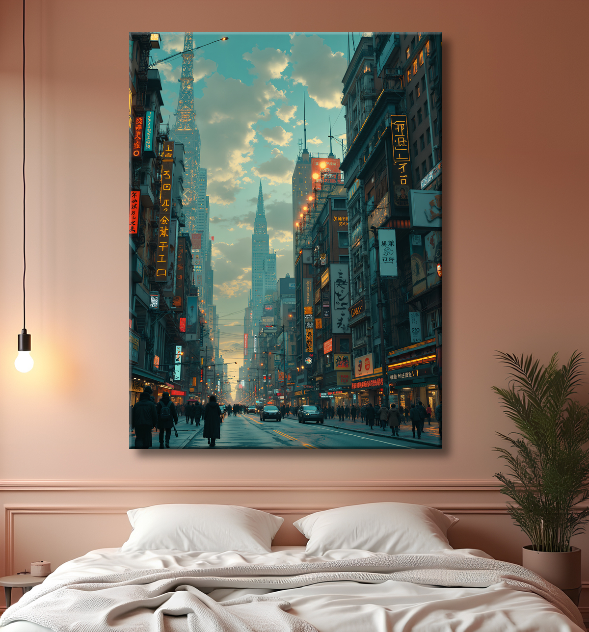 Tableau représentant une cité futuriste spectaculaire aux architectures imposantes, réalisé dans un style graphique original combinant influences BD et IA. Nombreuses variantes disponibles.