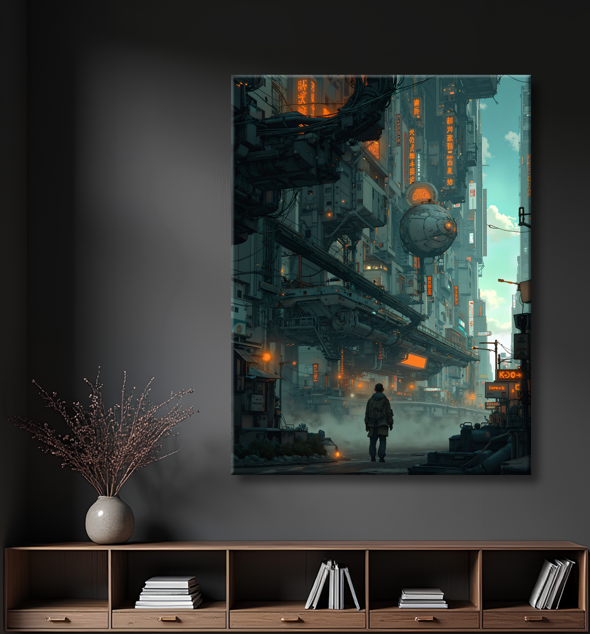 Tableau représentant une cité futuriste spectaculaire aux architectures imposantes, réalisé dans un style graphique original combinant influences BD et IA. Nombreuses variantes disponibles.