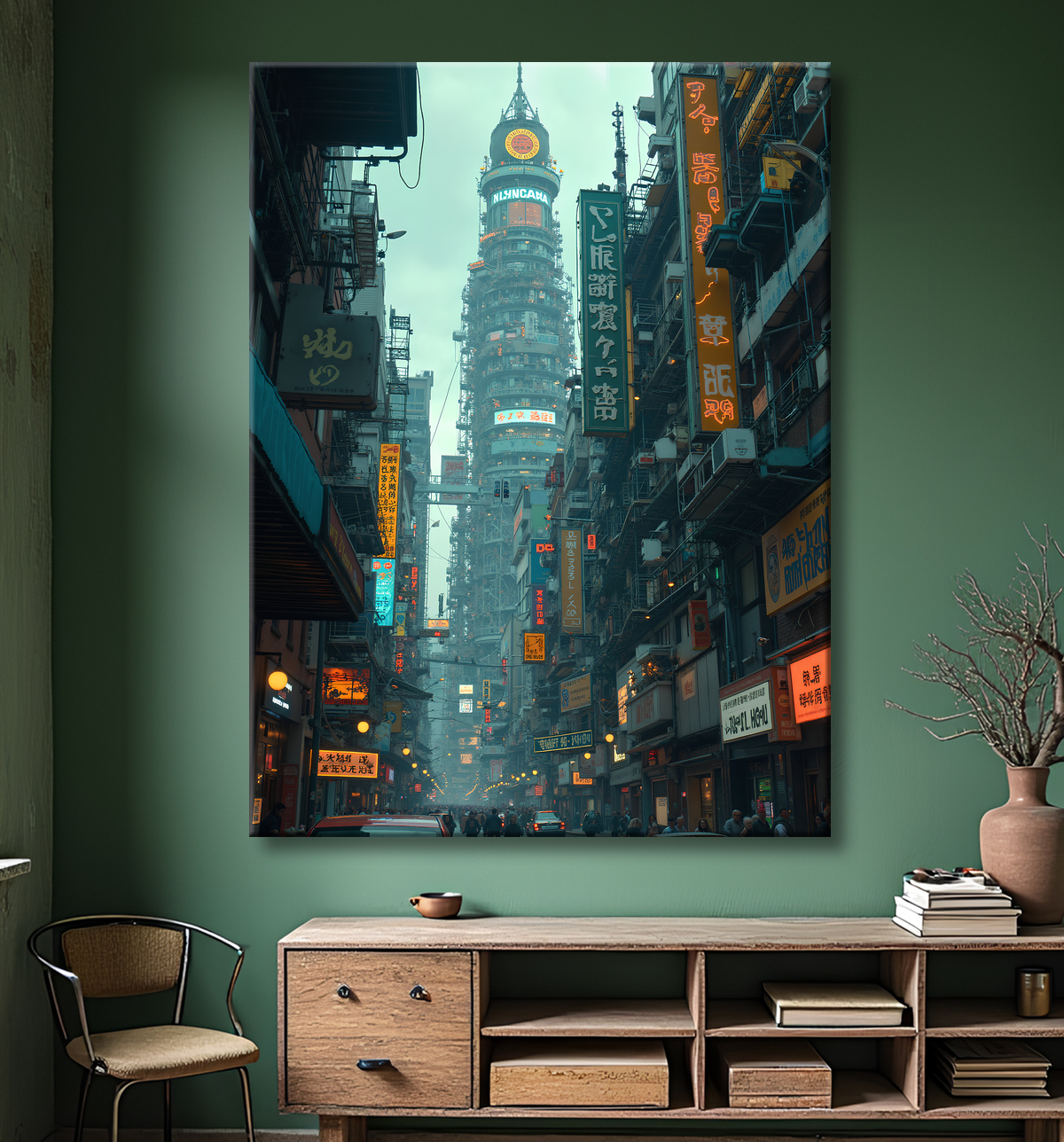 Tableau représentant une cité futuriste spectaculaire aux architectures imposantes, réalisé dans un style graphique original combinant influences BD et IA. Nombreuses variantes disponibles.