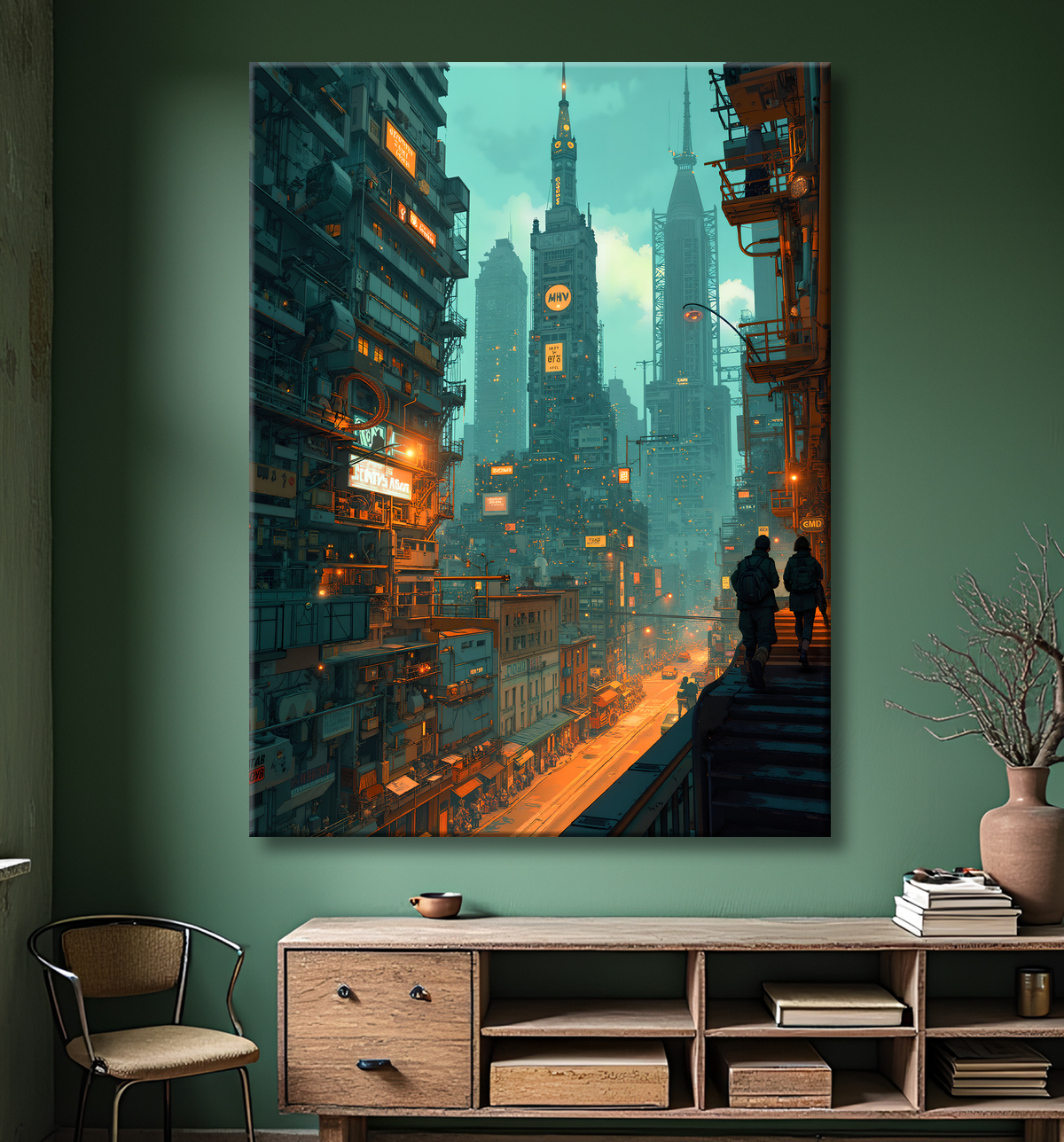 Tableau représentant une cité futuriste spectaculaire aux architectures imposantes, réalisé dans un style graphique original combinant influences BD et IA. Nombreuses variantes disponibles.