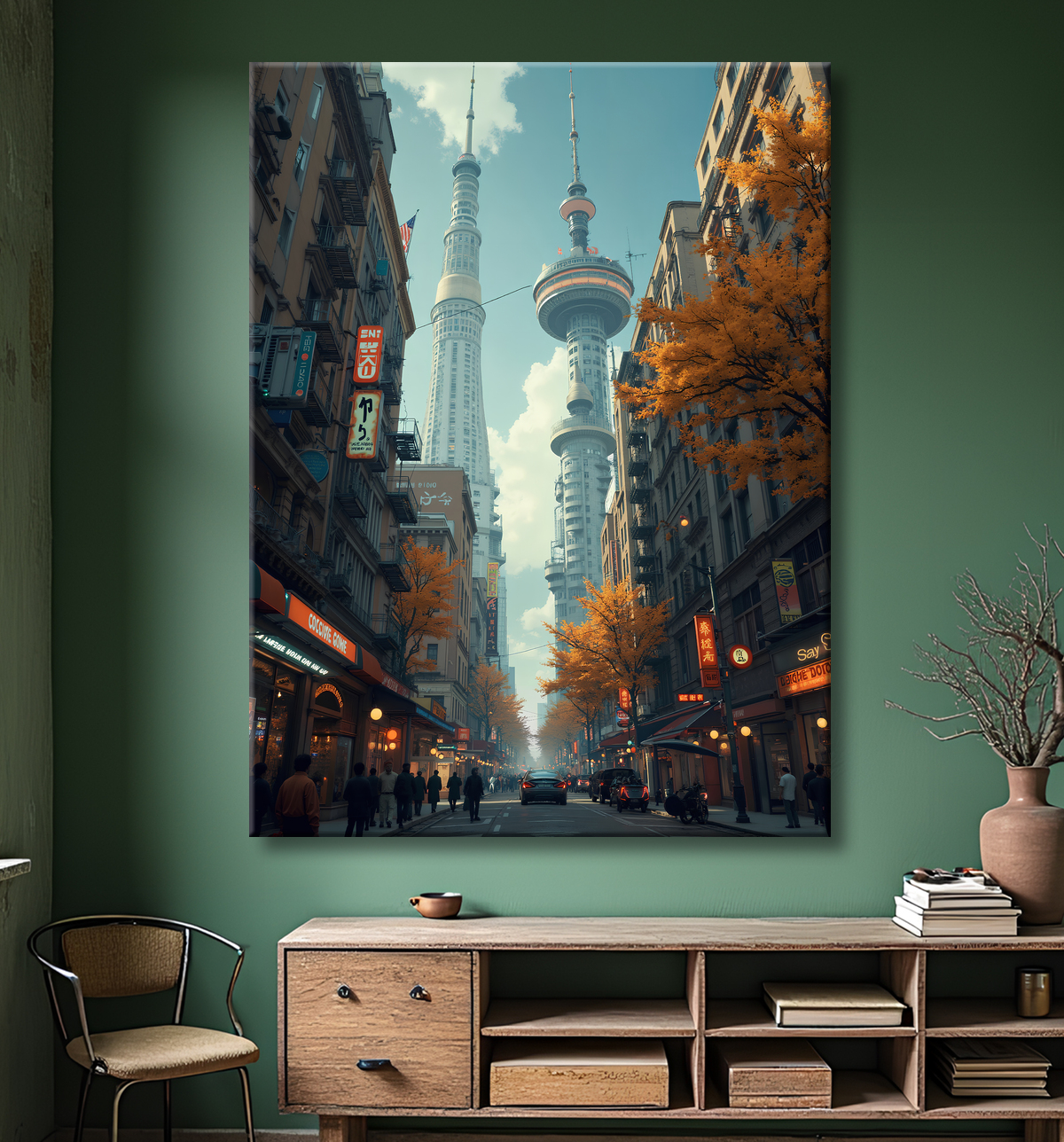 Tableau représentant une cité futuriste spectaculaire aux architectures imposantes, réalisé dans un style graphique original combinant influences BD et IA. Nombreuses variantes disponibles.