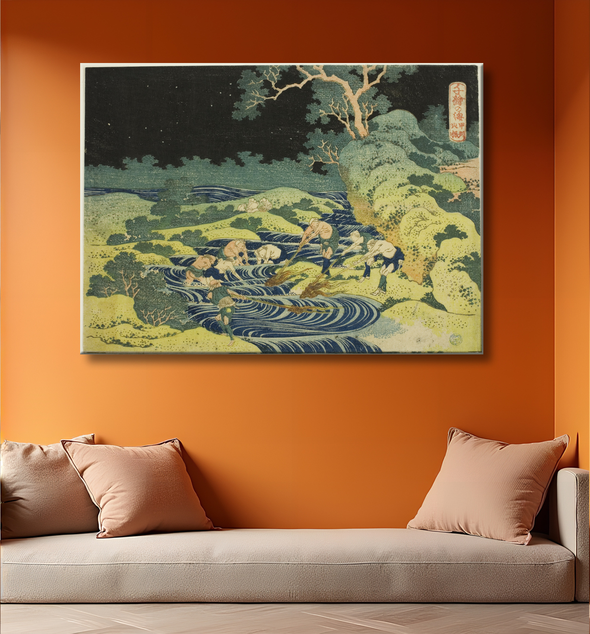 Reproduction Pêche à la torche dans la province de Kai (Koshu hiburi) de la série "Mille images de l'océan (Chie no umi)" de Katsushika Hokusai avec decor