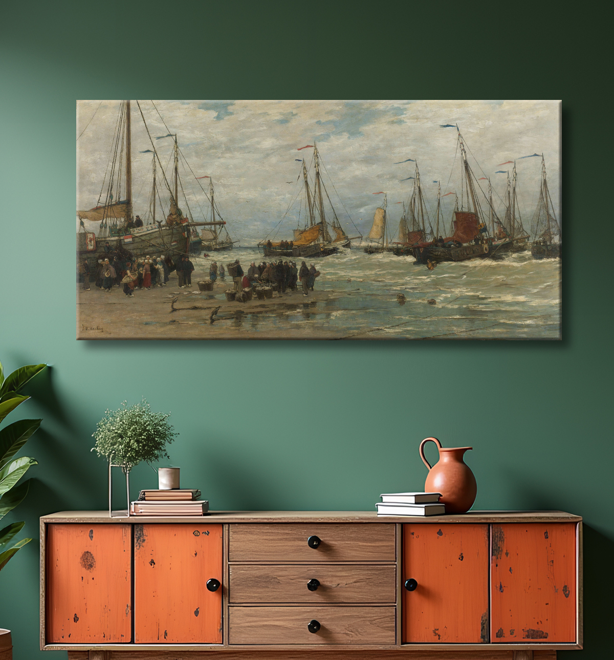 Reproduction Pêche aux roses dans les vagues déferlantes de Hendrik Willem Mesdag avec decor