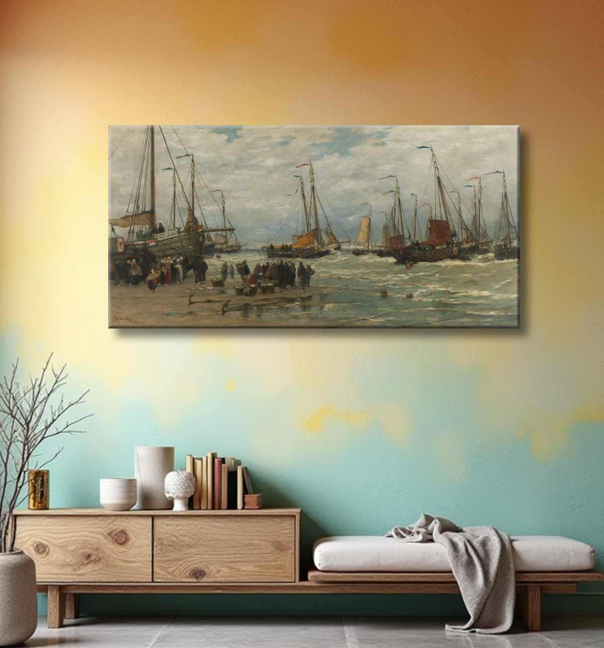 Reproduction Pêche aux roses dans les vagues déferlantes de Hendrik Willem Mesdag avec decor
