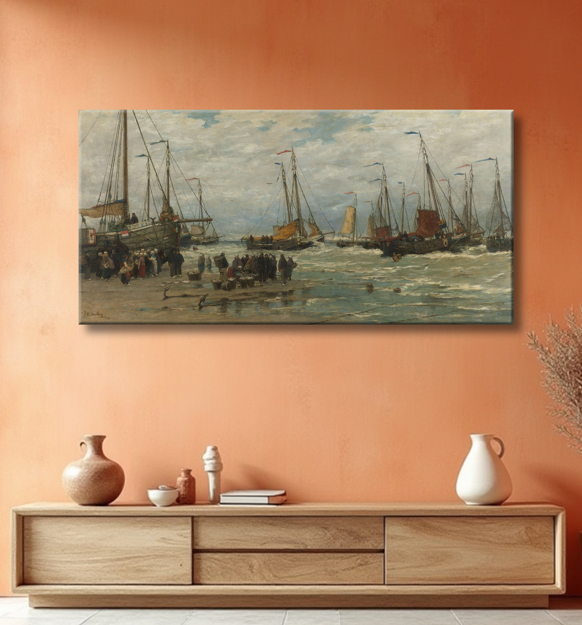 Reproduction Pêche aux roses dans les vagues déferlantes de Hendrik Willem Mesdag avec decor
