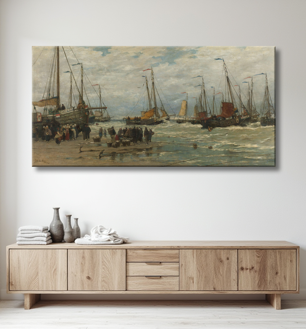 Reproduction Pêche aux roses dans les vagues déferlantes de Hendrik Willem Mesdag avec decor