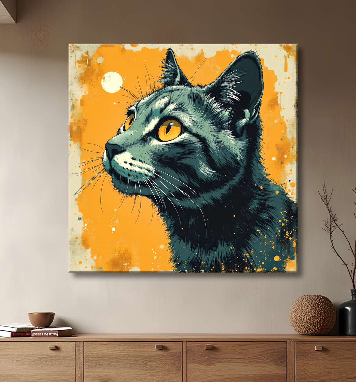 Tableau chat | Peinture expressive moderne chat avec decor