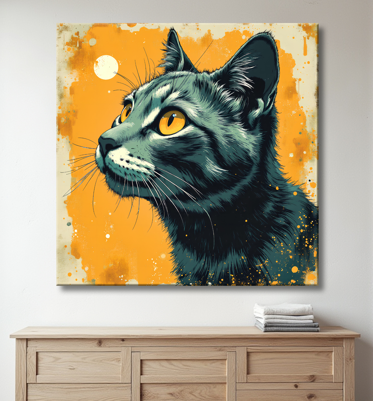 Tableau chat | Peinture expressive moderne chat avec decor