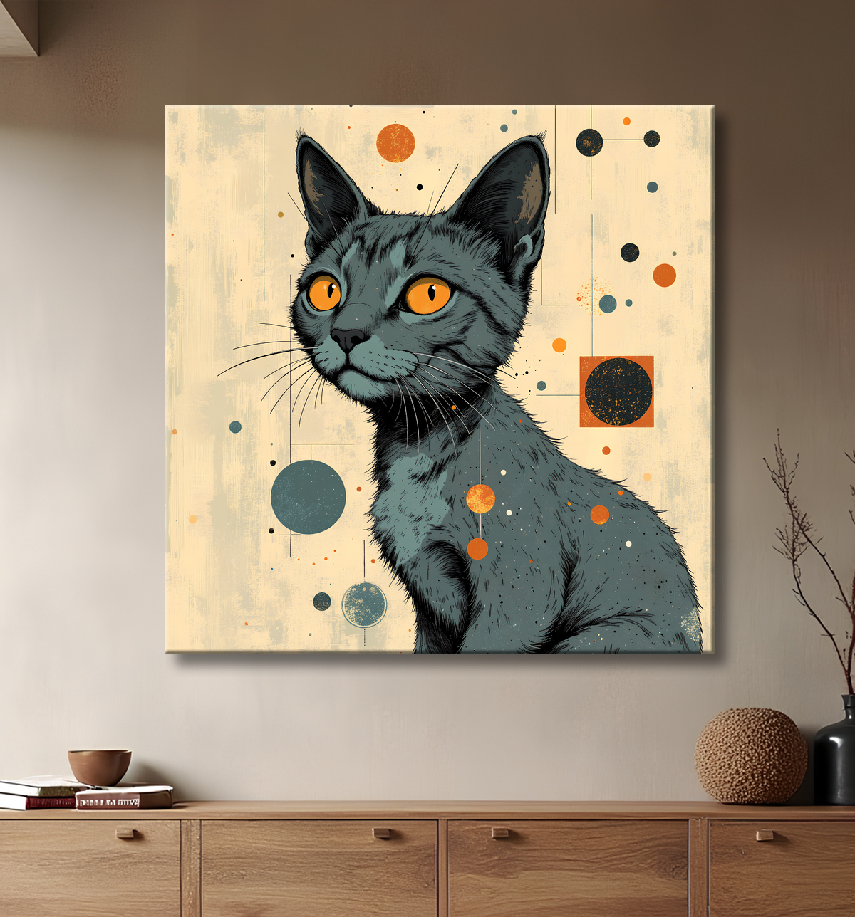 Tableau chat | Peinture expressive moderne chat avec decor