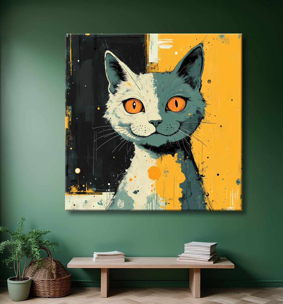 Tableau chat | Peinture expressive moderne chat avec decor
