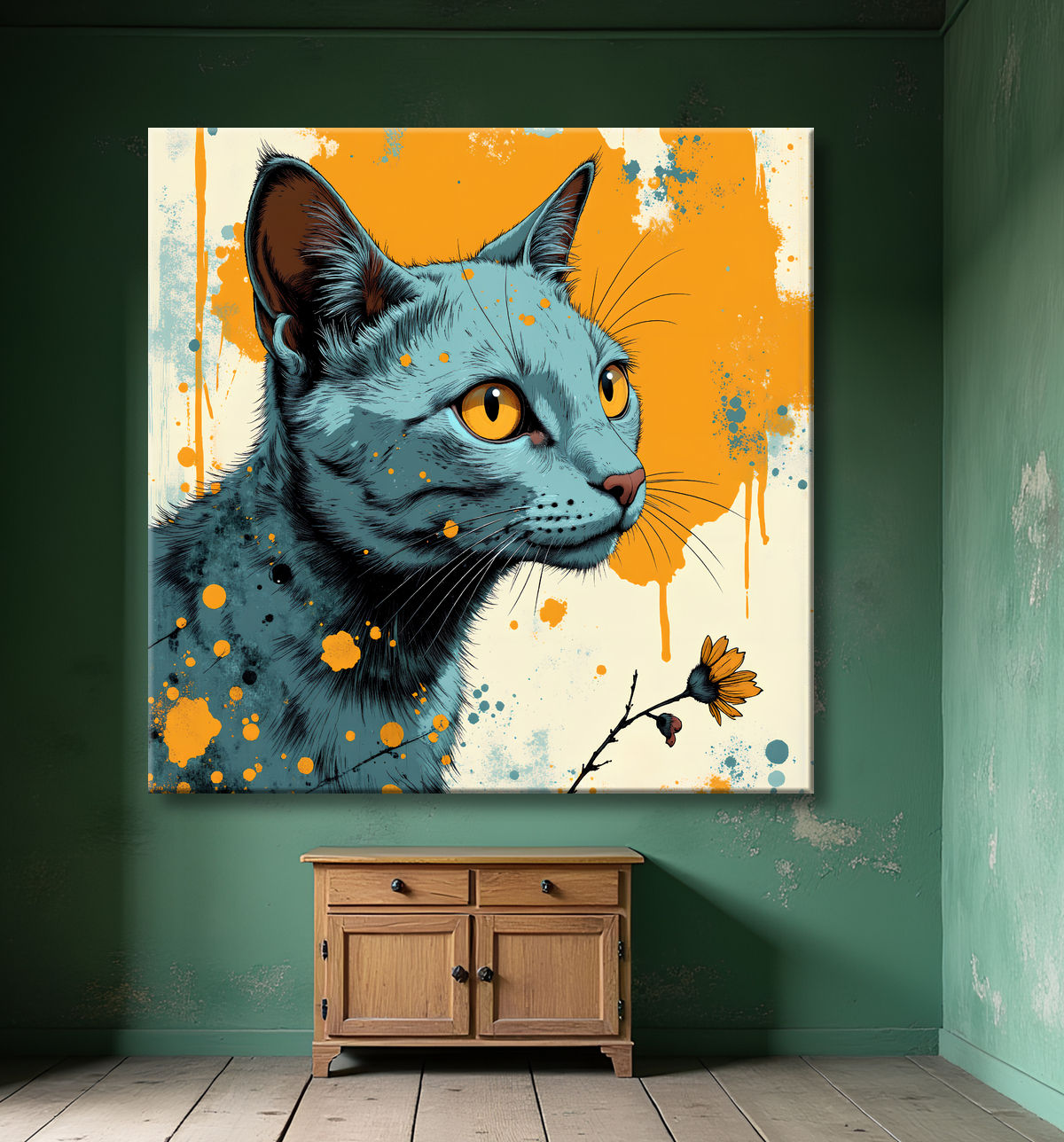 Tableau chat | Peinture expressive moderne chat avec decor