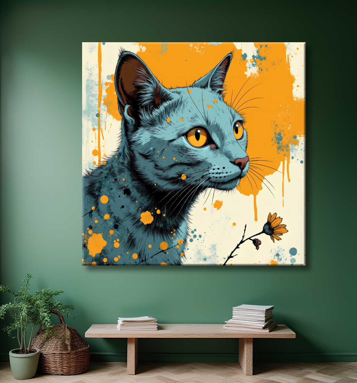 Tableau chat | Peinture expressive moderne chat avec decor